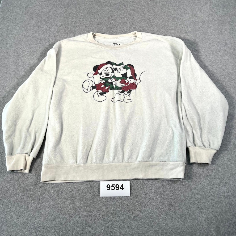 Disney Mickey Mouse Sweatshirt Mens XL Beige Graphic Crew Neck Christmas Holiday
